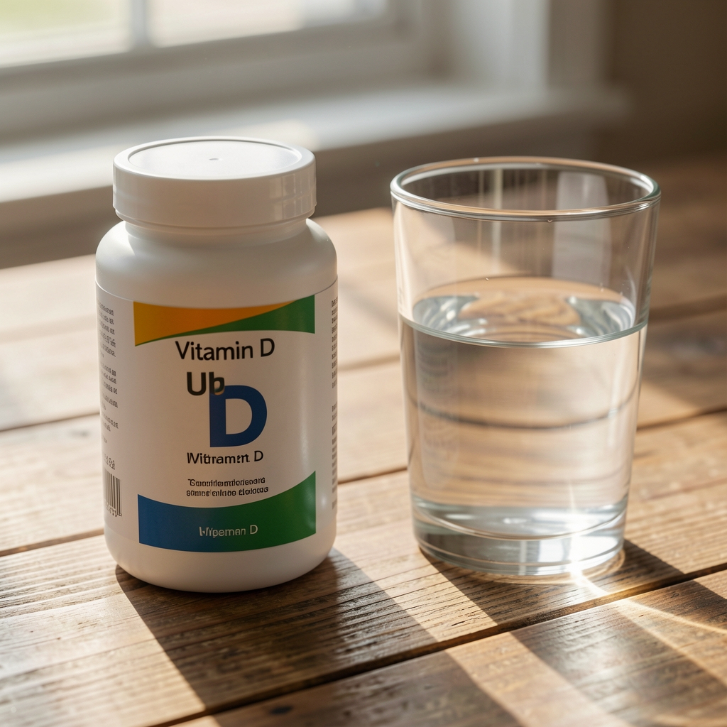 Close-up of a vitamin D supplement container and a glass of water on a wooden table surface in morning light