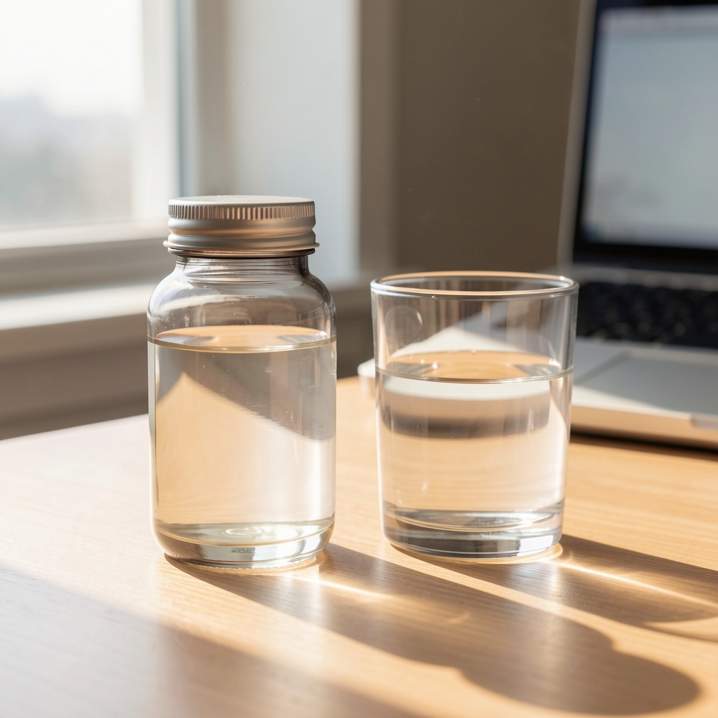 Vitamin D supplement bottle beside a glass of water on a sunlit desk, minimal editorial arrangement