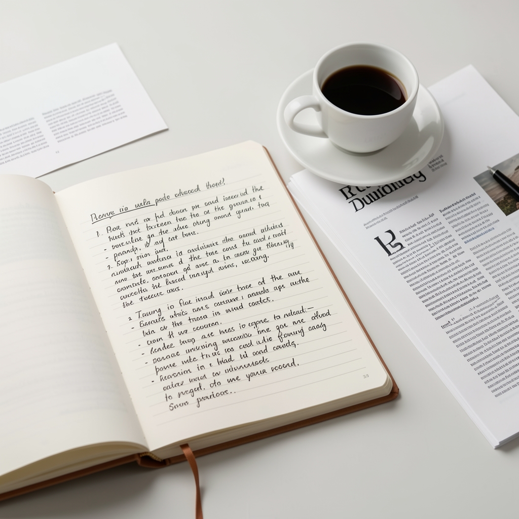 Notebook open to handwritten research notes beside published journal articles and a cup of coffee on a clean desk